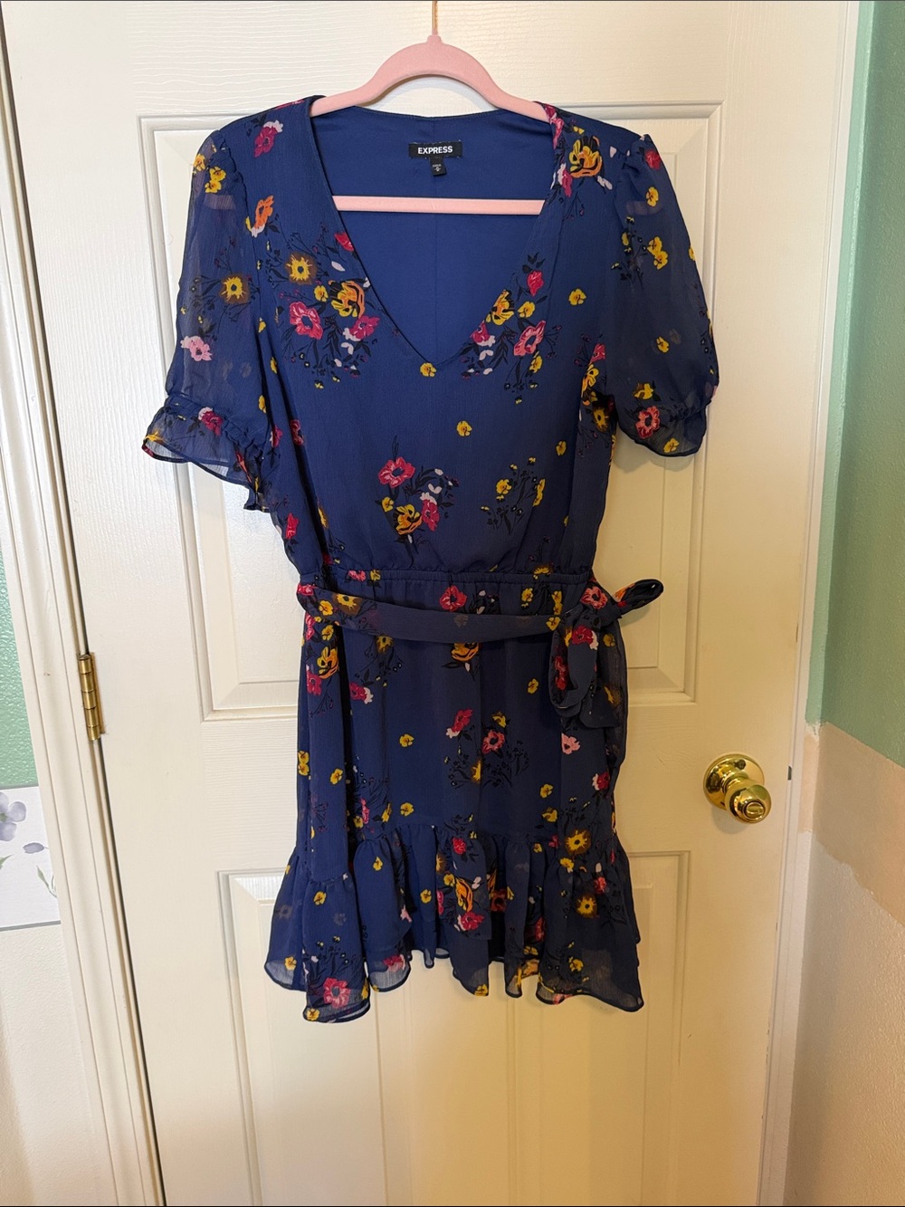 Express Navy Floral V-Neck Ruffle Tie-Waist Dress